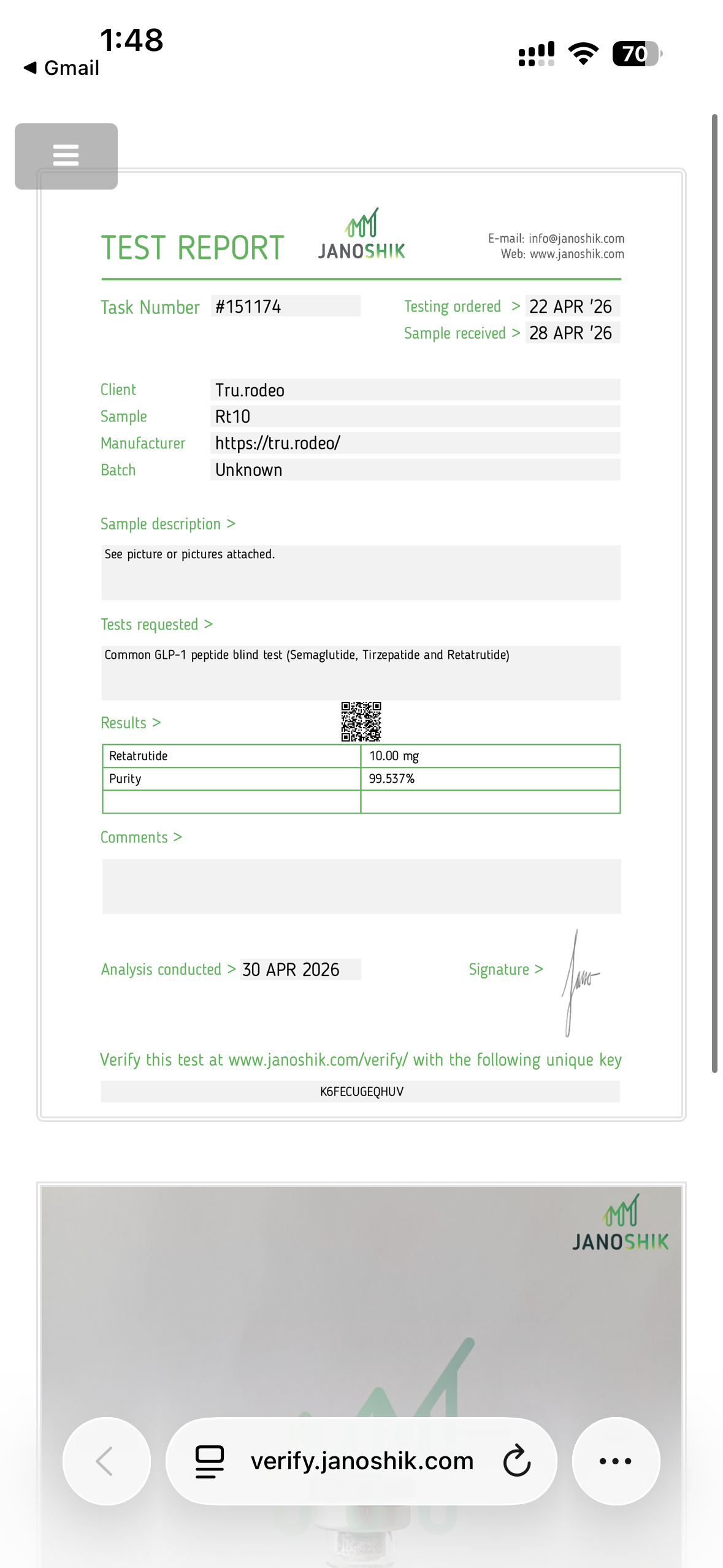 Janoshik mobile verification screenshot